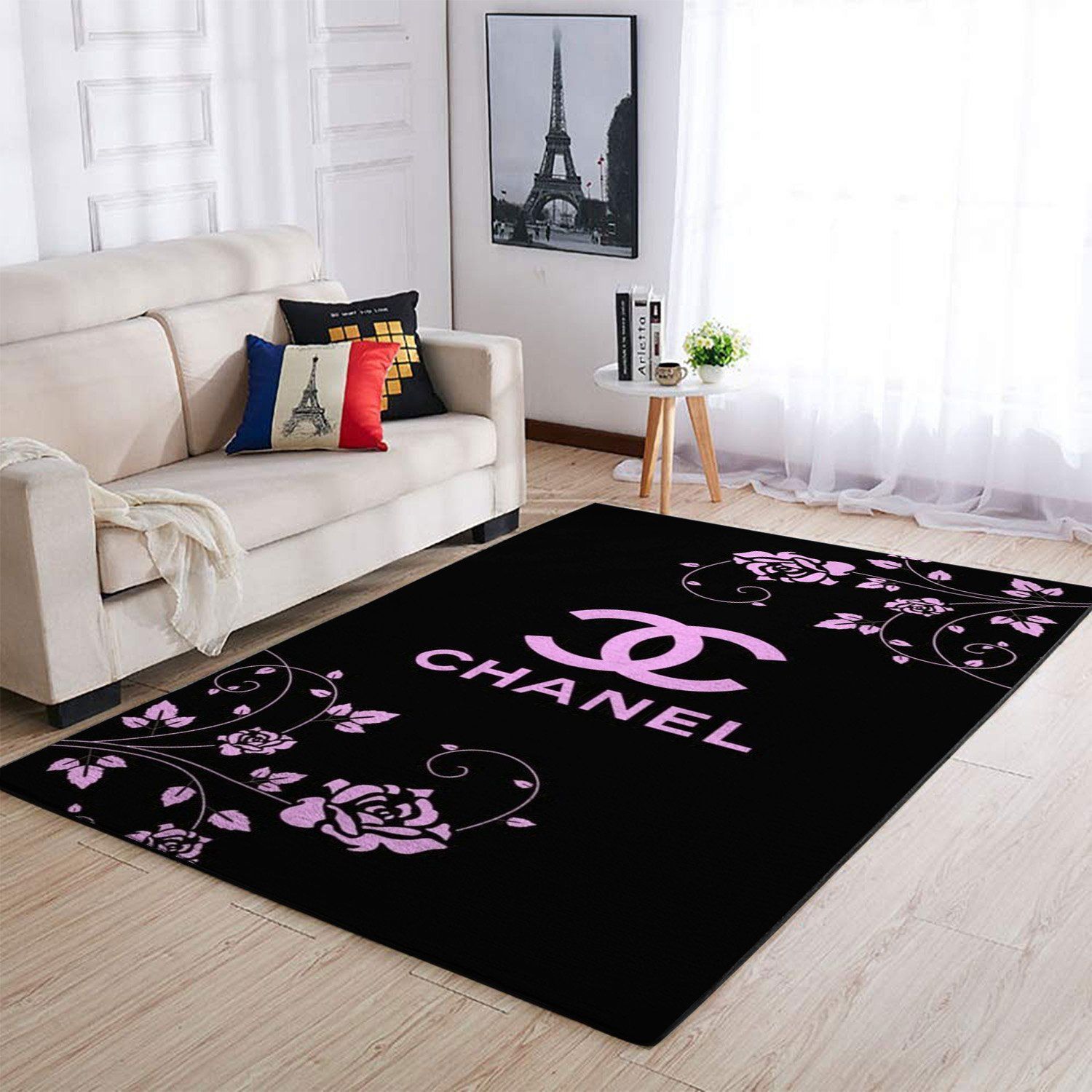 Chanel flowers black logo type 545. Upgrade Your Living Room with Luxury Home Decor: Area Carpets, Floor Decor, Door Mats, and Hot Gift Items with style a High-End Fashion Brand Rectangle Rug