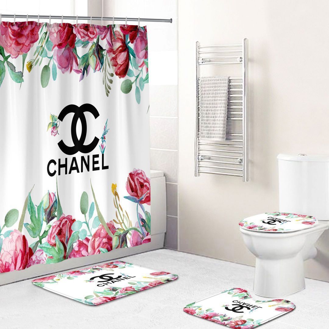 Chanel flowers set 2 shower curtain luxury bathroom mat set hot 2023 21 Bathroom Accessory Sets