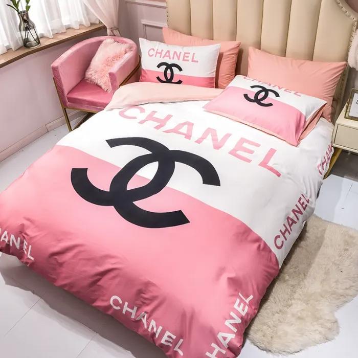 Chanel logo pink and white printed bedding sets sets duvet cover luxury brand bedding decor bedroom sets Bedding Sets