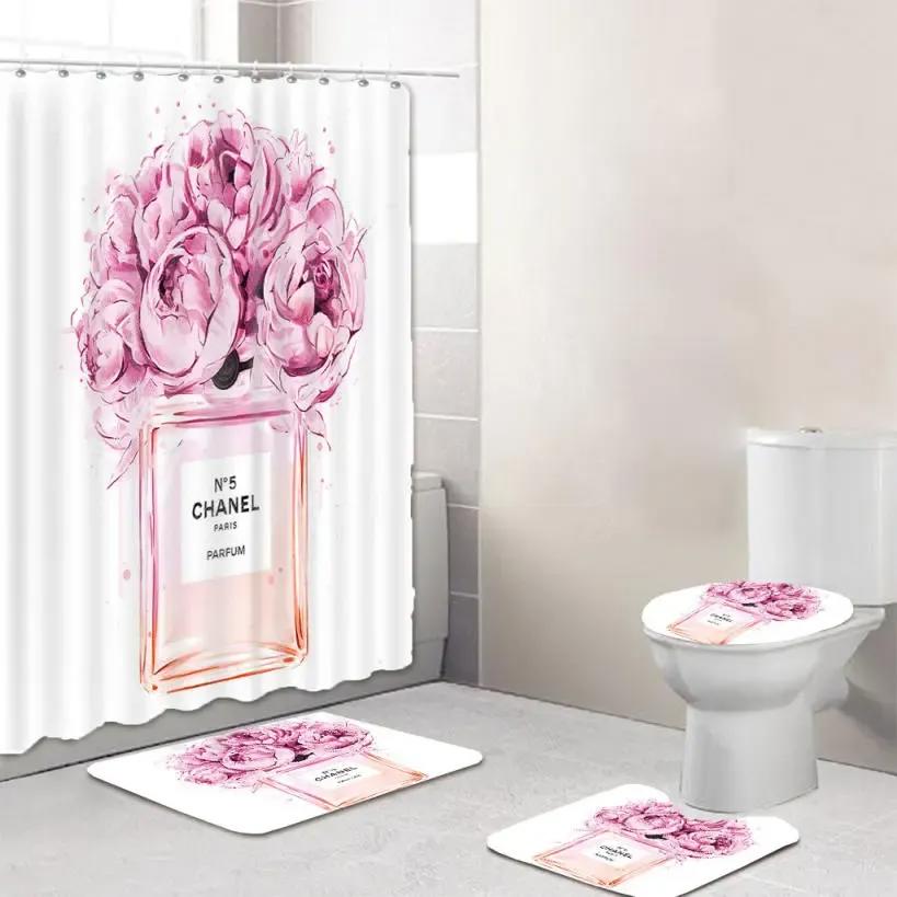 Chanel paris perfume coco logo type 890 Bathroom Accessory Sets Luxury Fashion Brand Home Decor Bathroom Sets Hypebeast Bathroom Waterproof Shower Curtain Pedestal Rug Bath Mat Set Toilet Cover