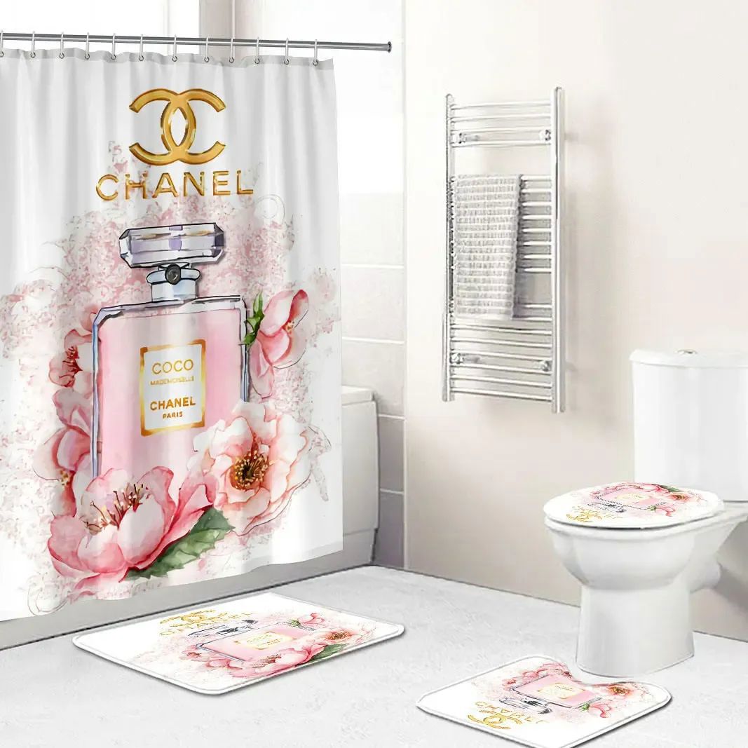 Chanel perfume logo type 2050 Bathroom Accessory Sets Home Decor Hypebeast Bathroom Luxury Fashion Brand Waterproof Shower Curtain Bath Mat Set Pedestal Rug Bathroom Sets Toilet Cover