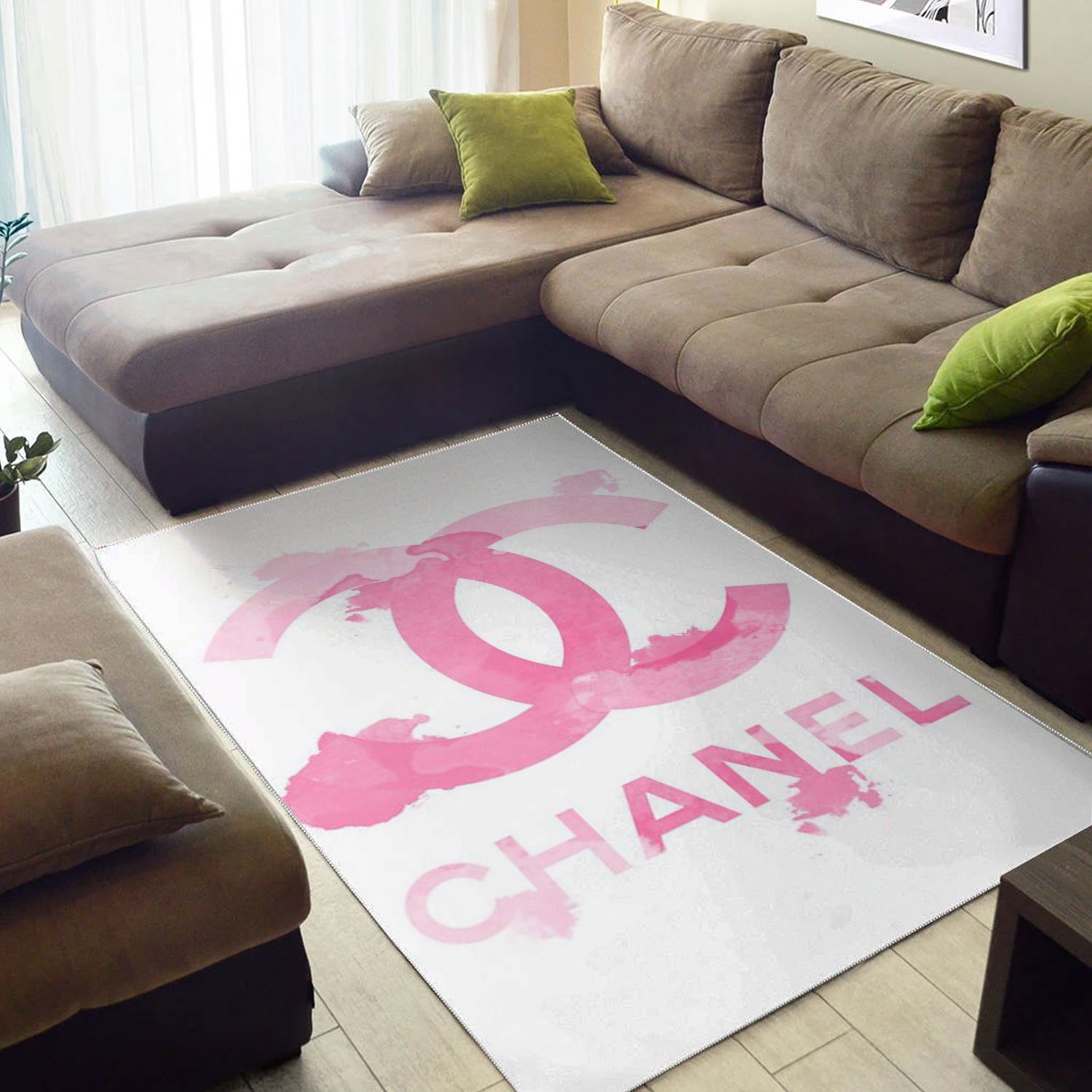 Chanel pinky logo type 640. Upgrade Your Living Room with Luxury Home Decor: Area Carpets, Floor Decor, Door Mats, and Hot Gift Items with style a High-End Fashion Brand Rectangle Rug
