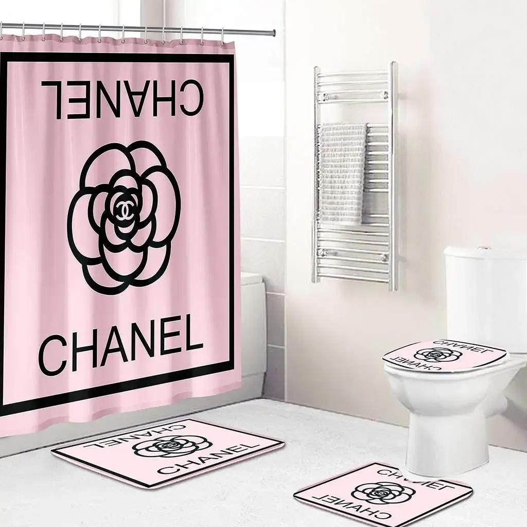 Chanel rose and flowerblack bathroom set bath mat hypebeast home decor luxury fashion brand Bathroom Set