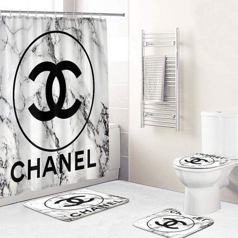 Chanel shower curtain black and white marble luxury bath mat sets shower curtain 26 Bathroom Set