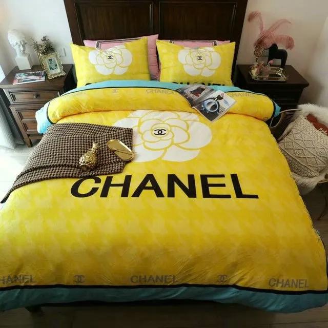 Chanel yellow roses bedding 3d printed bedding sets quilt sets duvet cover luxury brand bedding decor bedroom sets best luxury bed sets gift thankgivings and christmas Bedding Sets