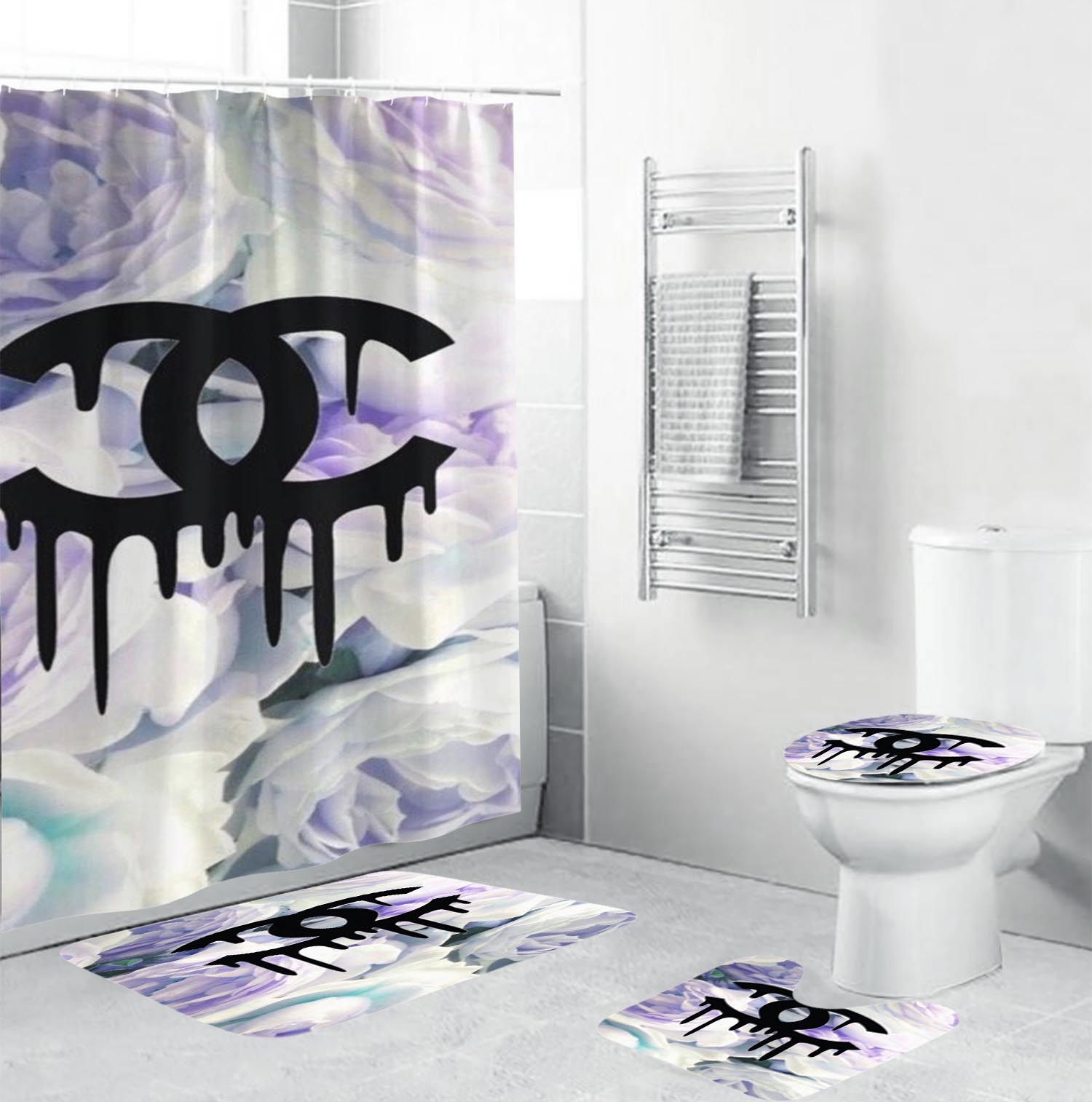Coco chanel black dripping logo in floral background bathroom set shower curtain Bathroom Set