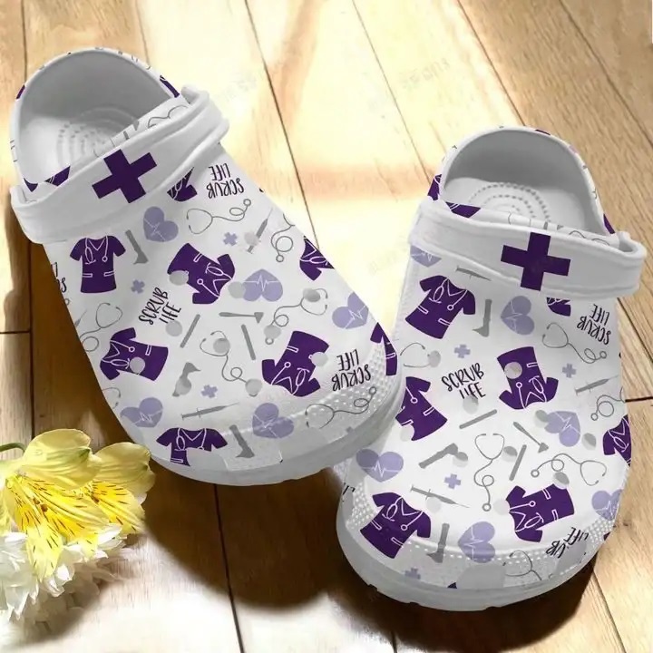 Crocs outfit - nurse scrub life nursing job symbols pattern purple crocs crocband clog shoes for men women - 1567 Crocs Outfit
