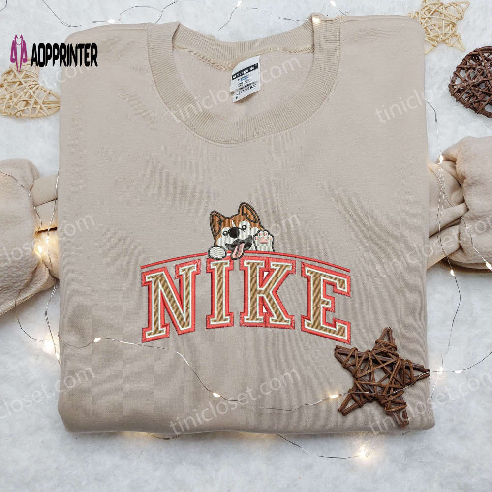 Custom corgi saying hi x nike embroidered shirt – animal embroidery for a unique look! Embroidered Shirt