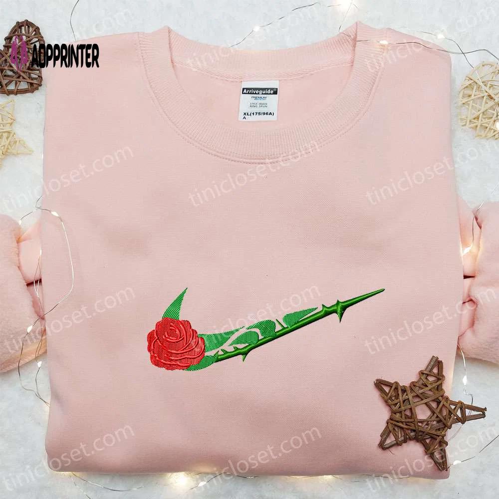 Custom rose flower x swoosh embroidered shirt sweatshirt & hoodie: nike inspired Embroidered Shirt