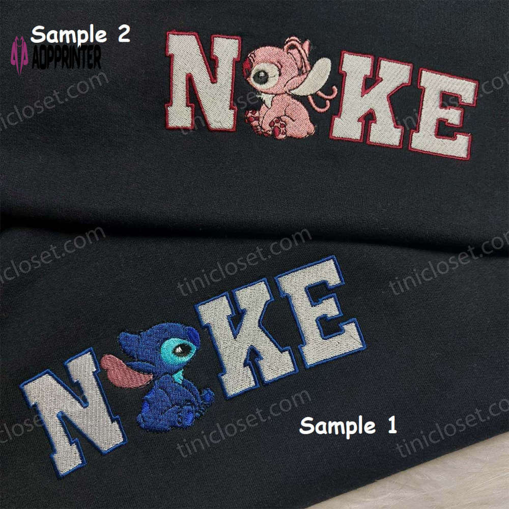 Custom stitch angel & nike embroidered shirt: romantic disney couple tee Embroidered Shirt
