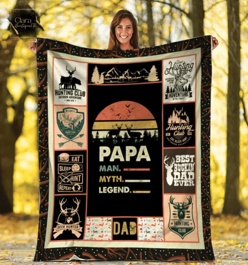 Dad loves hunting blanket papa man myth legend, gift for dad hunter fleece blanket, mink sherpa blanket, dad hunter blanket Quilt Blanket