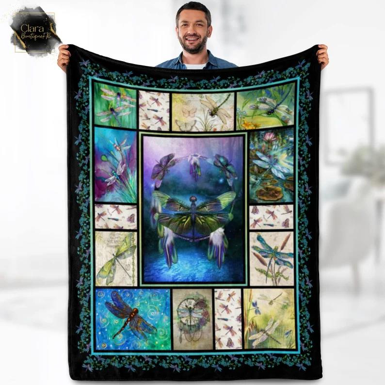 Dragonfly 3d fleece blanket, mink sherpa blanket, dragonfly blanket, dragonfly lover gift, dragonfly collection Quilt Blanket
