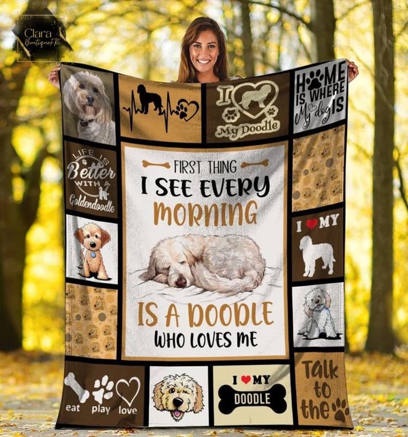 First thing i see every morning is a doodle who loves me fleece blanket, mink sherpa blanket, doodle blanket, pet quilt, cute doodle quilt Quilt Blanket