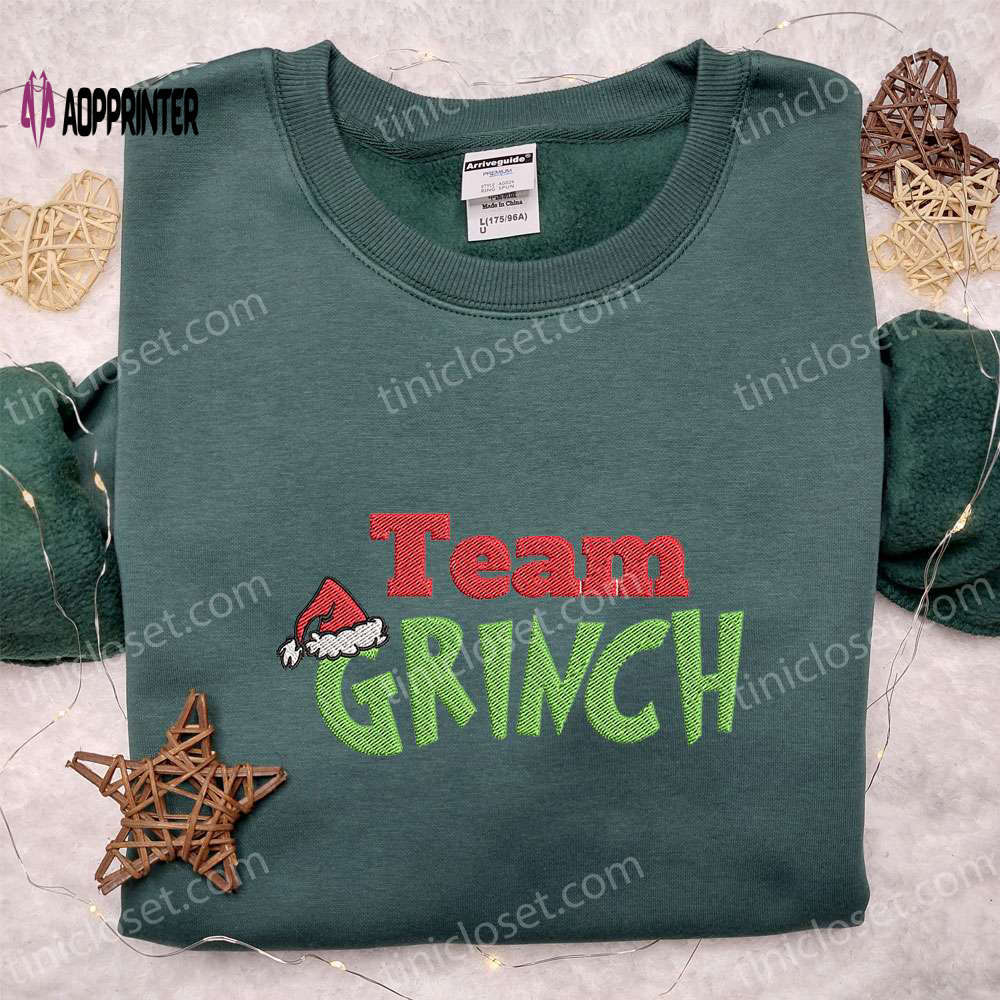 Get festive with team grinch christmas hat shirt & hoodie – perfect family gifts! Embroidered Shirt