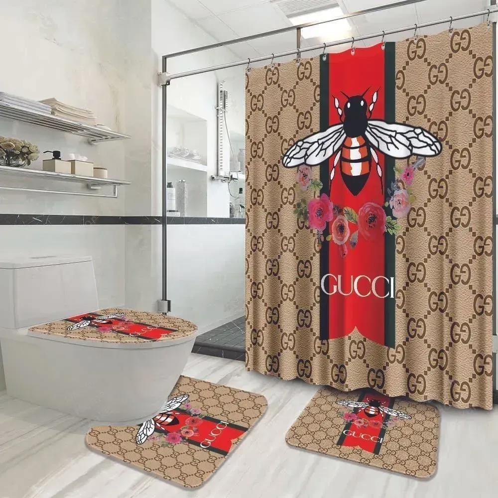 Gucci bee flower logo type 1375 Bathroom Accessory Sets Bathroom Sets Pedestal Rug Hypebeast Bathroom Home Decor Toilet Cover Luxury Fashion Brand Waterproof Shower Curtain Bath Mat Set