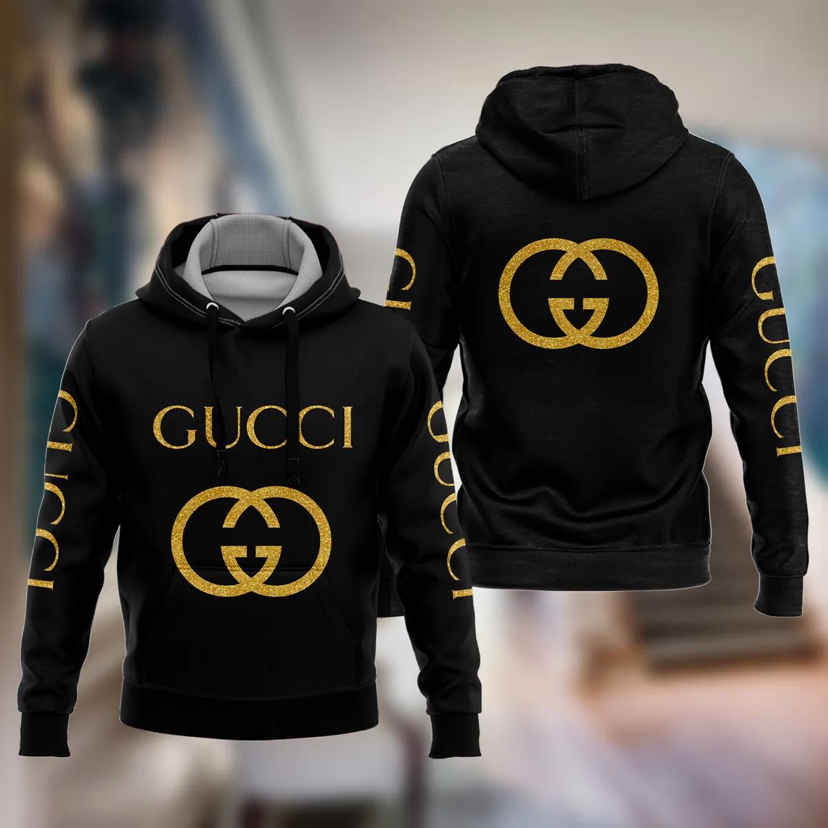Gucci black golden logo luxury unisex hoodie luxury brand outfit for men women Hoodie 3D