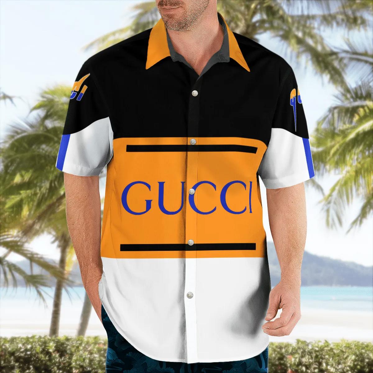 Gucci black orange luxury brand premium fashion hawaii shirt for men 39 Hawaii Shirt