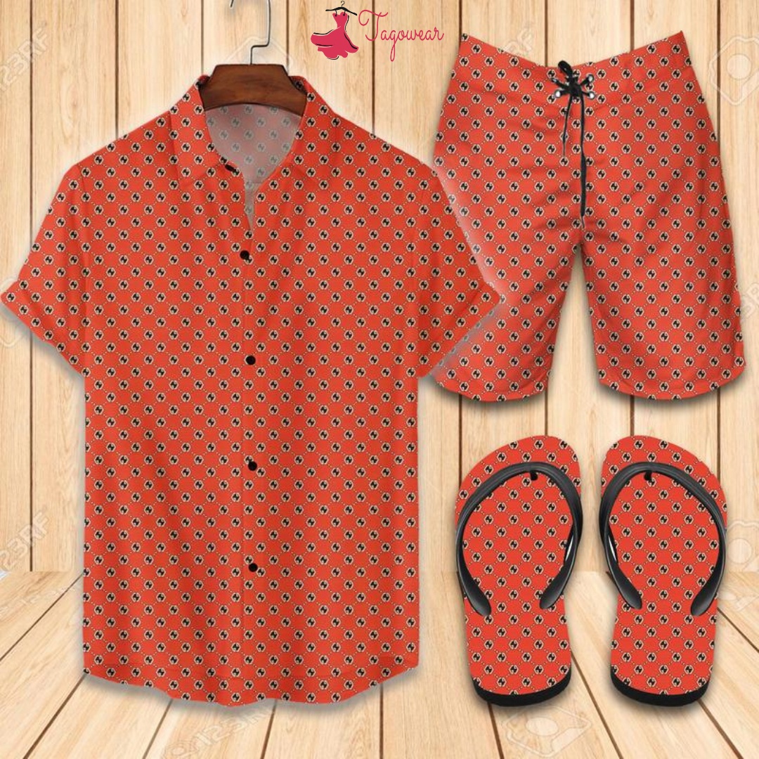 Gucci combo hawaiian shirt, beach shorts flip flops luxury summer clothes style #299 Hawaii Shirt Shorts & Flip Flops