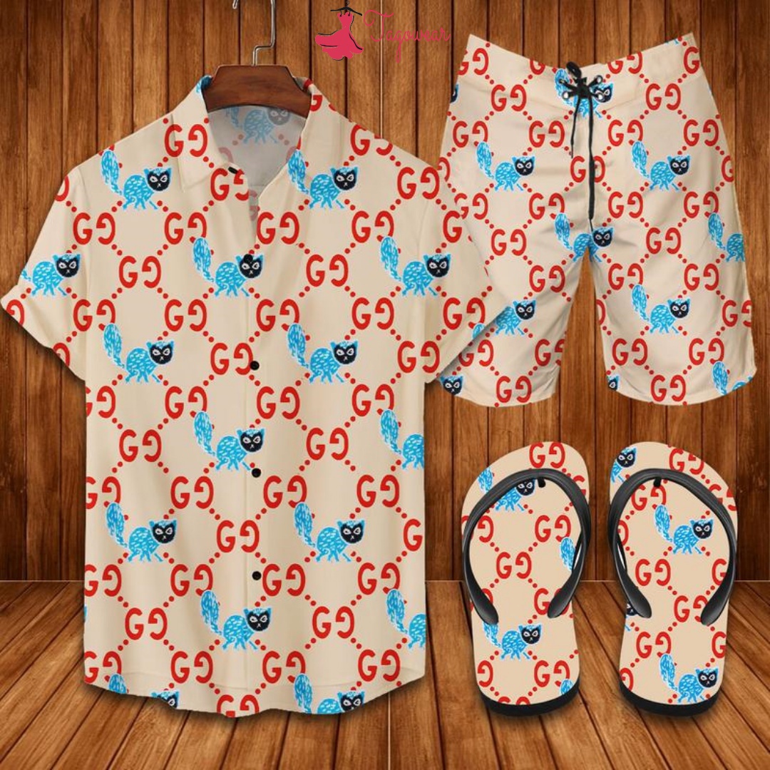 Gucci flip flops and combo hawaiian shirt, beach shorts luxury summer clothes style #488 Hawaii Shirt Shorts & Flip Flops