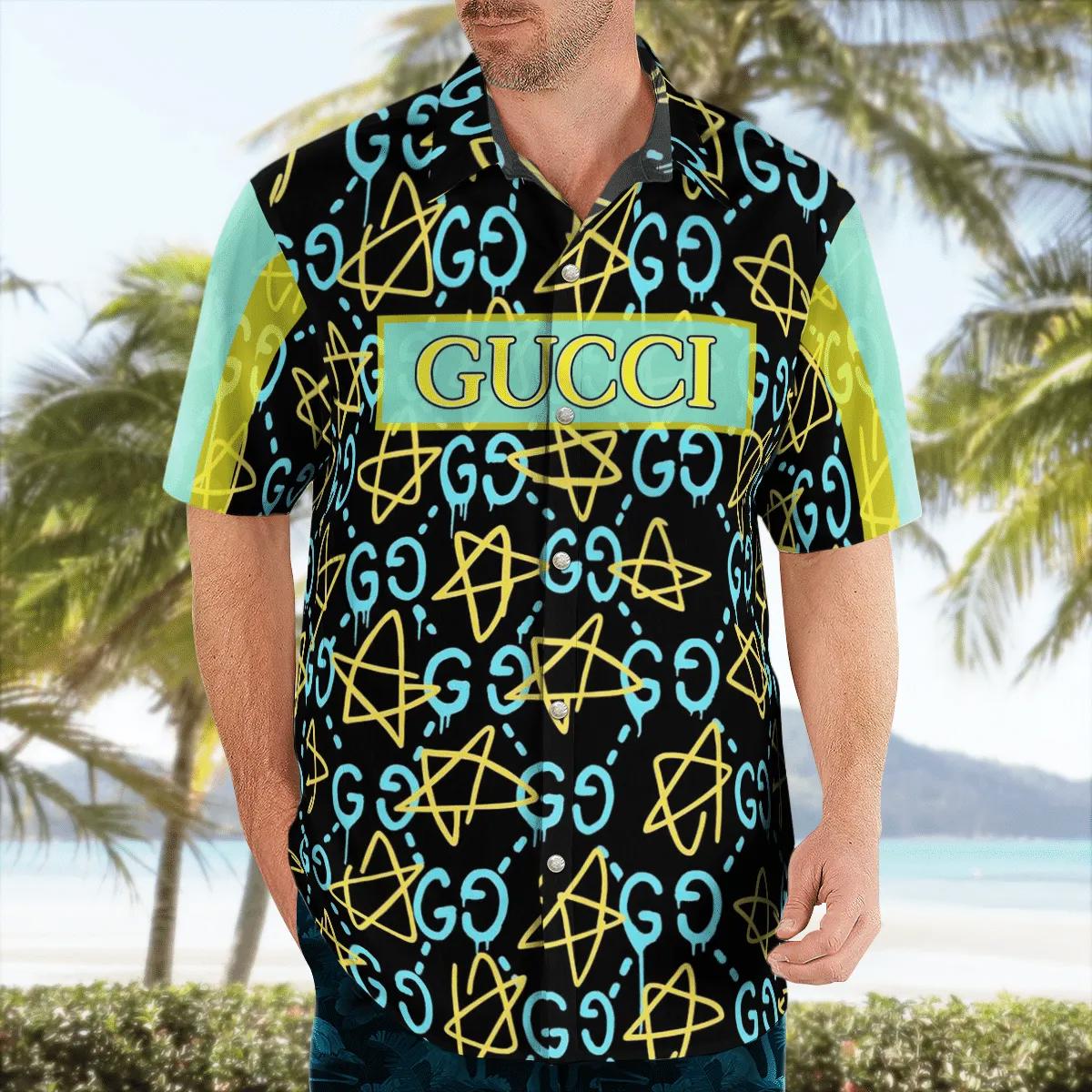 Gucci light blue yellow pattern black luxury brand premium fashion hawaii shirt for men 36 Hawaii Shirt