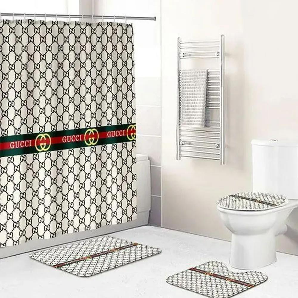 Gucci logo type 1377 Bathroom Accessory Sets Home Decor Luxury Fashion Brand Pedestal Rug Waterproof Shower Curtain Hypebeast Bathroom Bathroom Sets Bath Mat Set Toilet Cover
