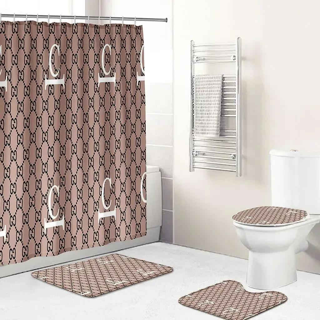 Gucci logo type 1378 Bathroom Accessory Sets Waterproof Shower Curtain Bath Mat Set Hypebeast Bathroom Home Decor Toilet Cover Bathroom Sets Pedestal Rug Luxury Fashion Brand