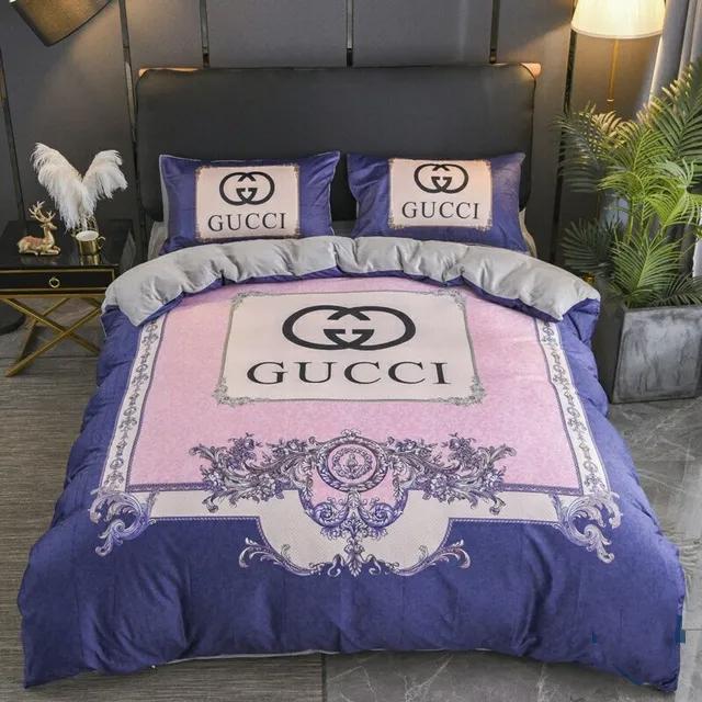 Gucci pink blue luxury brand bedding sets bedspread duvet cover set, bedroom decor , thanksgiving decorations for home best luxury bed sets gift thankgivings and christmas Bedding Sets