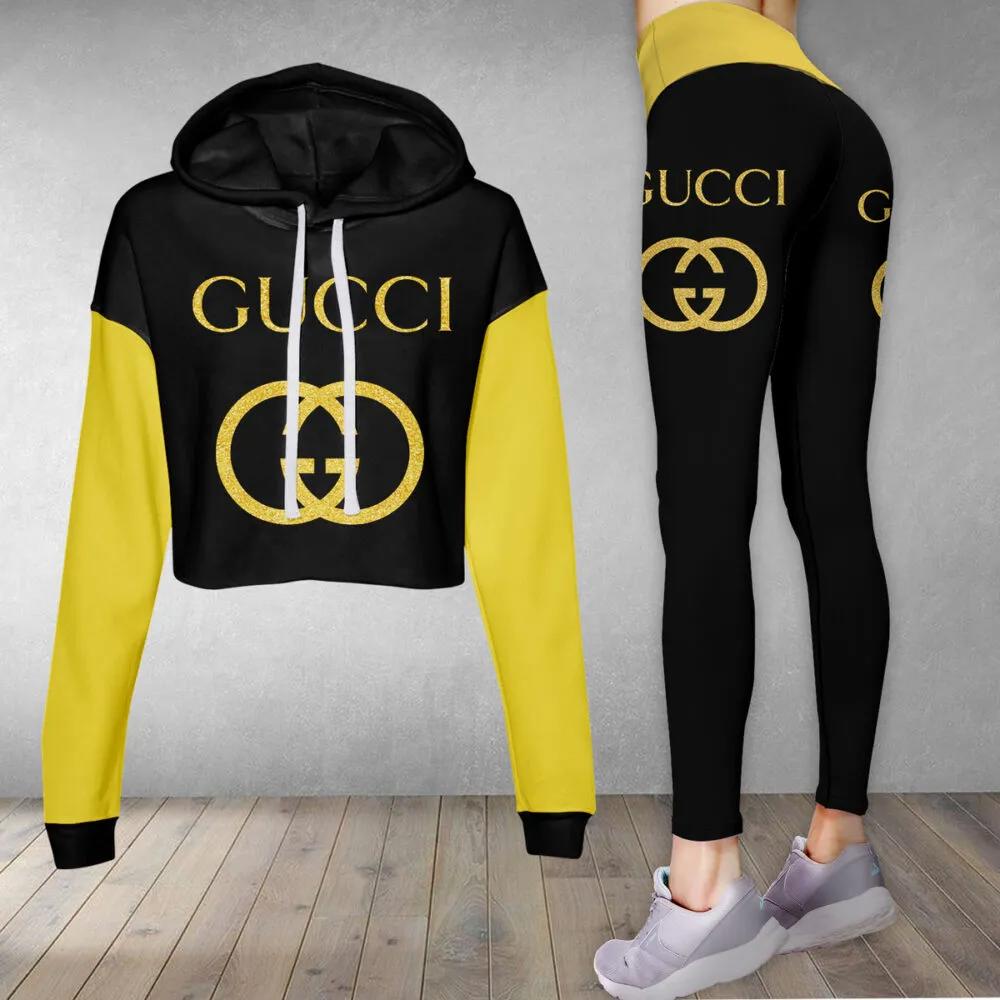 Gucci yellow black luxury brand clothes leggings and crop top set for women Croptop Hoodie Legging Set