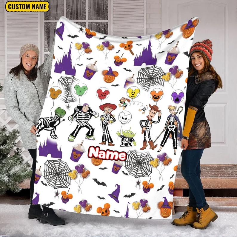 Halloween decorations custom name toy story halloween blanket, skeleton toy story fleece blanket christmas gift, anniversary gift, mickey ear halloween blanket Quilt Blanket