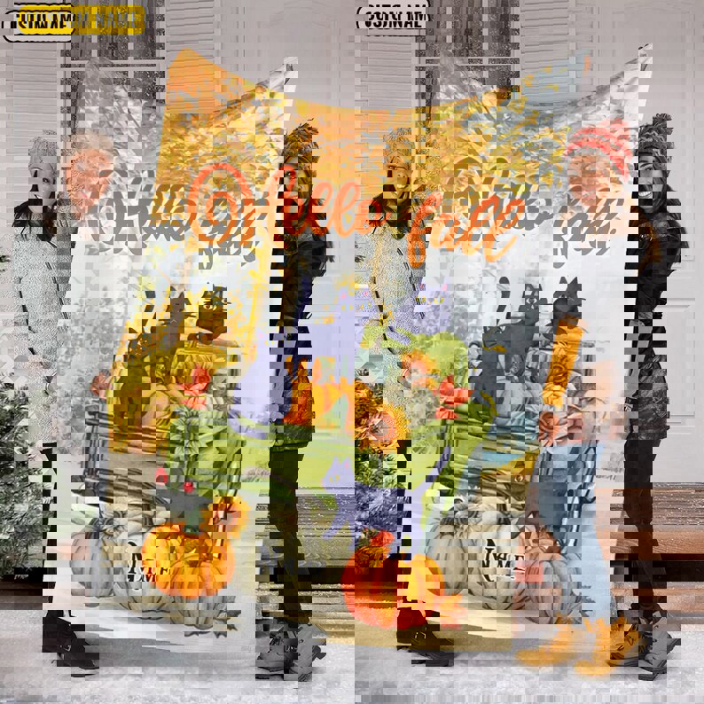 Halloween decorations fall season black cat halloween blanket, custom name blanket, halloween cat black blanket, pumpkin halloween, cat lover thanksgiving blanket Quilt Blanket