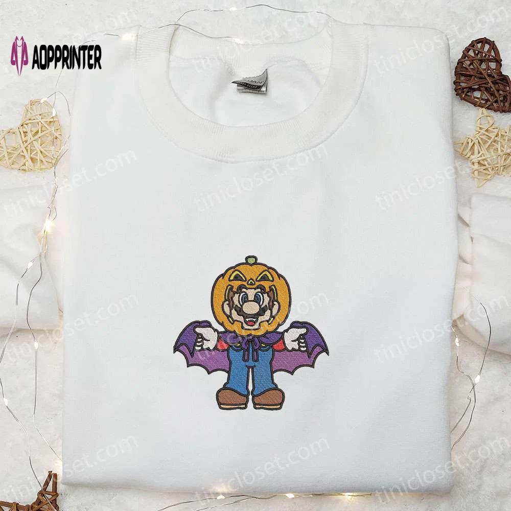 Halloween mario pumpkin embroidered shirt hoodie & sweatshirt – funny cute & spooky designs Embroidered Shirt