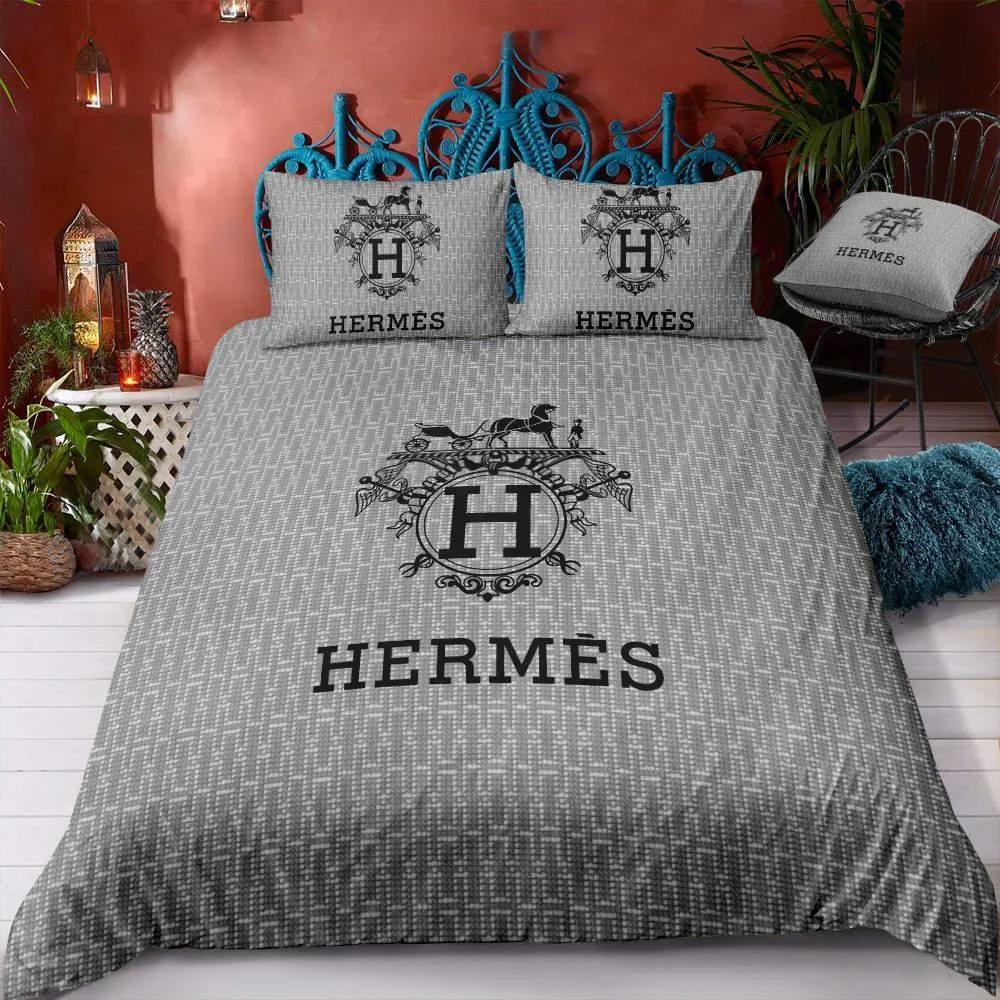 Hermes grey luxury brand bedding sets bedspread duvet cover set, bedroom decor , thanksgiving decorations for home best luxury bed sets gift thankgivings and christmas Bedding Sets