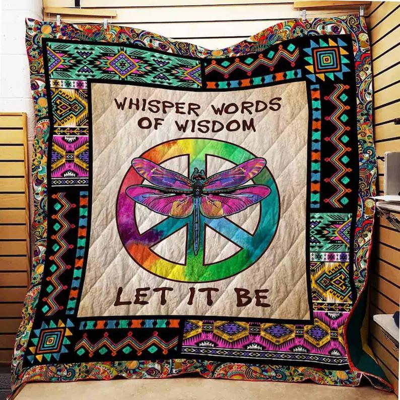 Hippie dragonfly fleece blanket, whisper words of wisdom let it be blanket, hippie peace symbol blanket, birthday gifts, christmas gifts Quilt Blanket