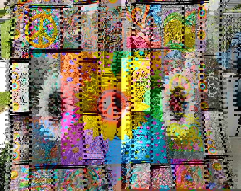 Hippie sunflower fleece blanket, love is free blanket, hippie peace symbol blanket, birthday gifts, christmas gifts Quilt Blanket