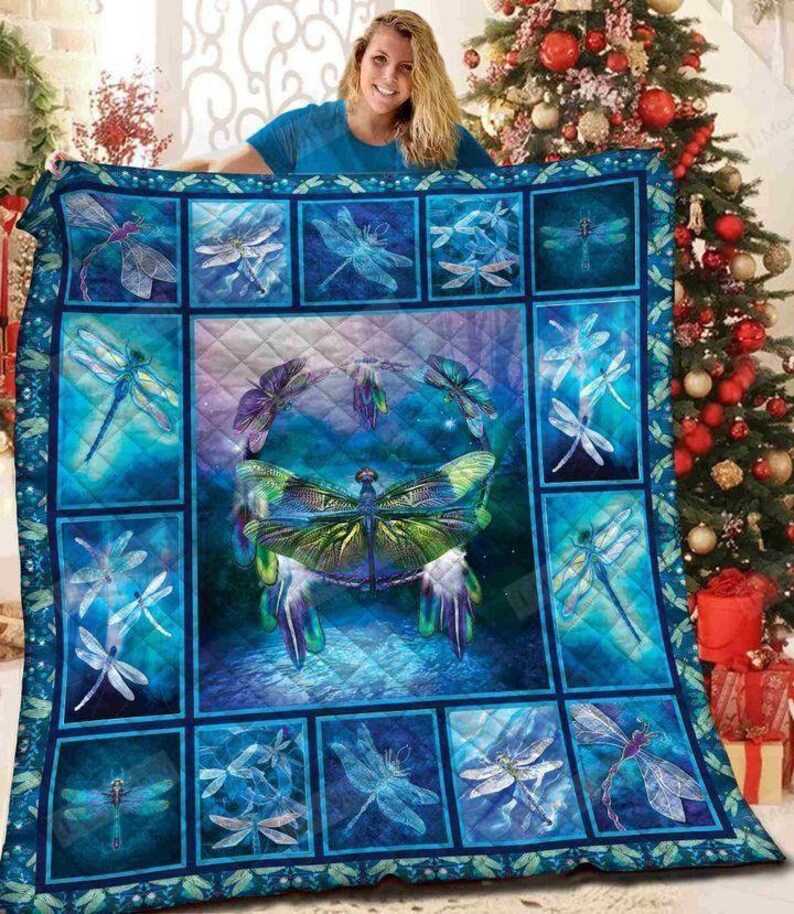 Insect dragonfly blue light beautiful theme neon drawing quilt blanket great gifts for birthday christmas thanksgiving Quilt Blanket