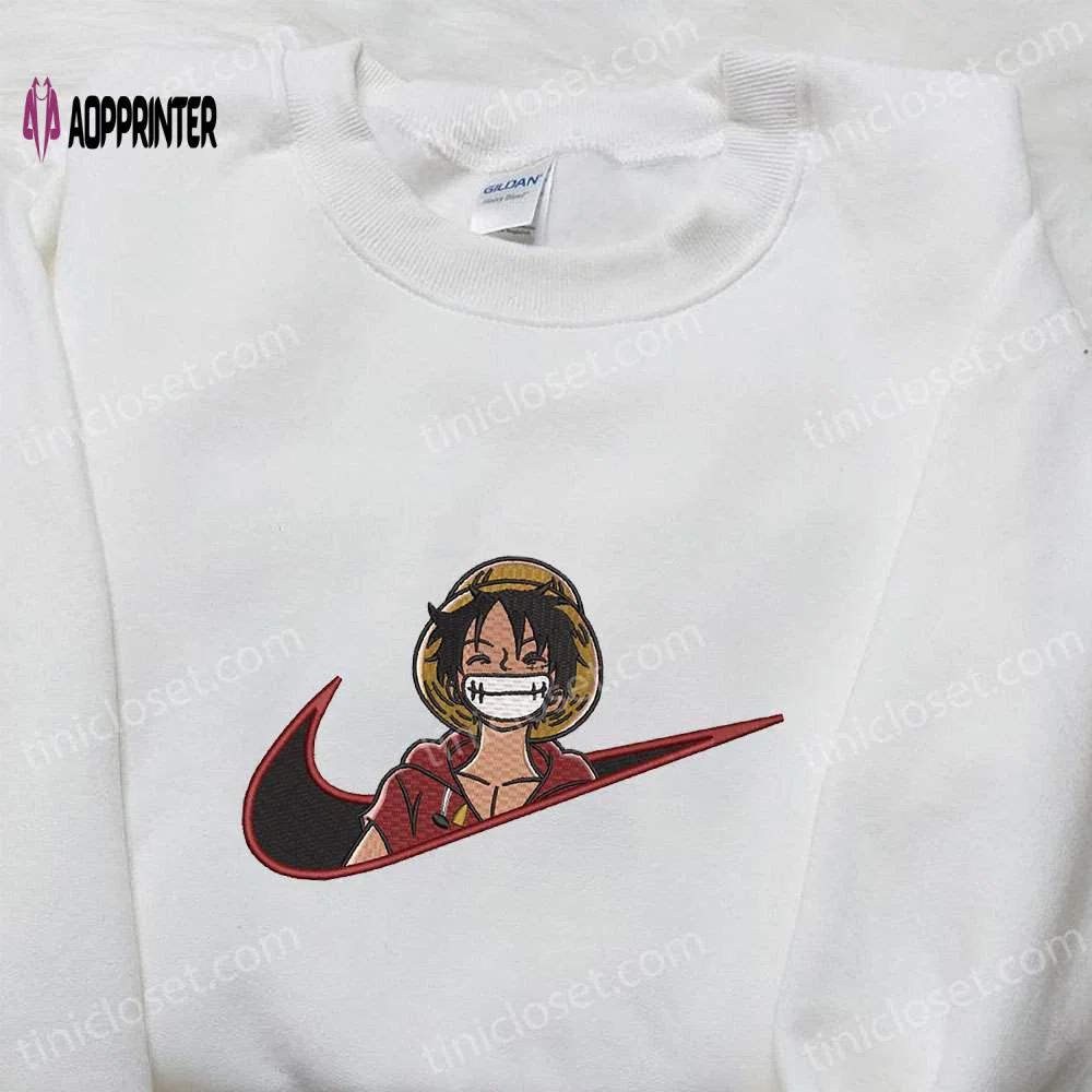 Laughing monkey d luffy x nike swoosh tshirt: one piece embroidered shirt nike inspired Embroidered Shirt
