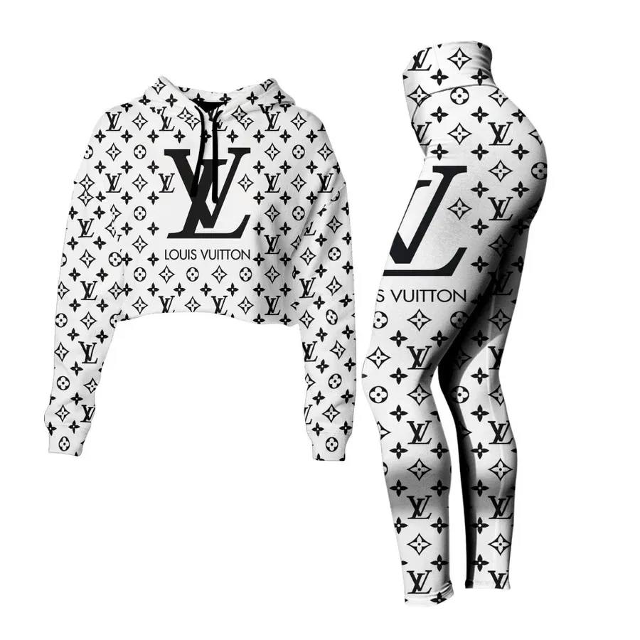 Louis vuitton black white luxury brand clothes premium leggings and crop top set for women Croptop Hoodie Legging Set
