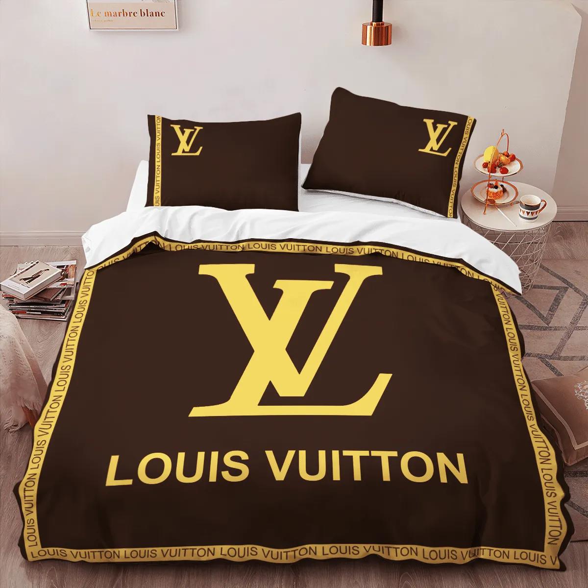 Louis vuitton brown yellow logo premium luxury brand high-end bedding sets lv, bedroom decor , thanksgiving decorations for home best luxury bed sets gift thankgivings and christmas Bedding Sets