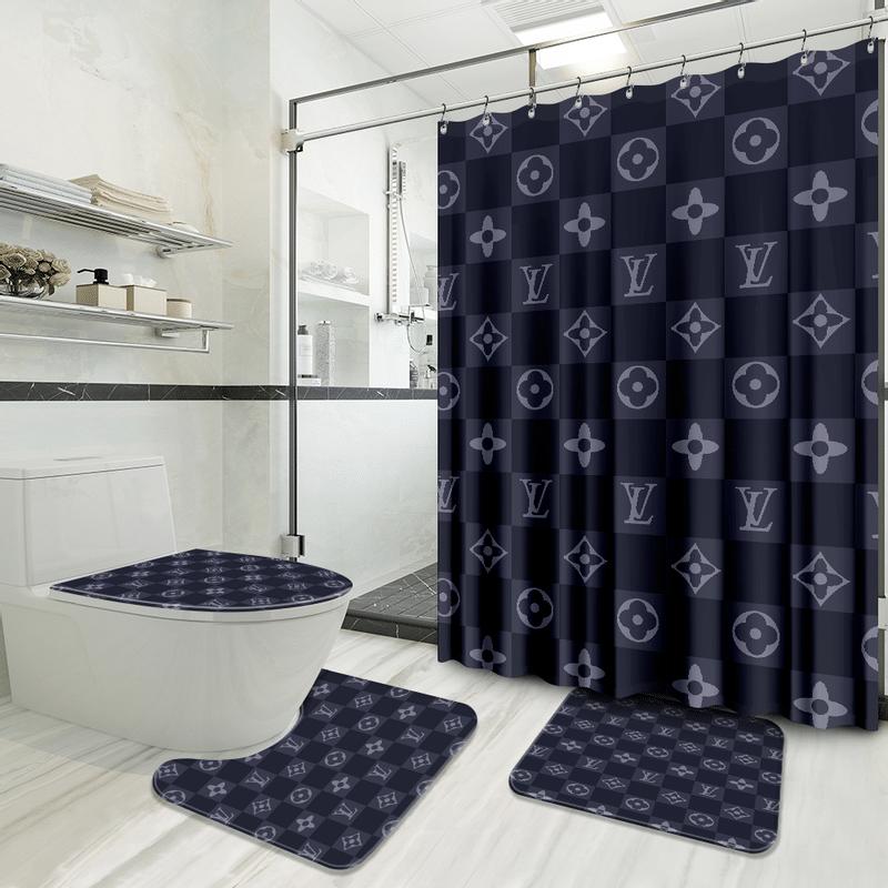 Louis vuitton caro blue logo type 720 Bathroom Accessory Sets Bathroom Sets Toilet Cover Pedestal Rug Bath Mat Set Waterproof Shower Curtain Luxury Fashion Brand Hypebeast Bathroom Home Decor