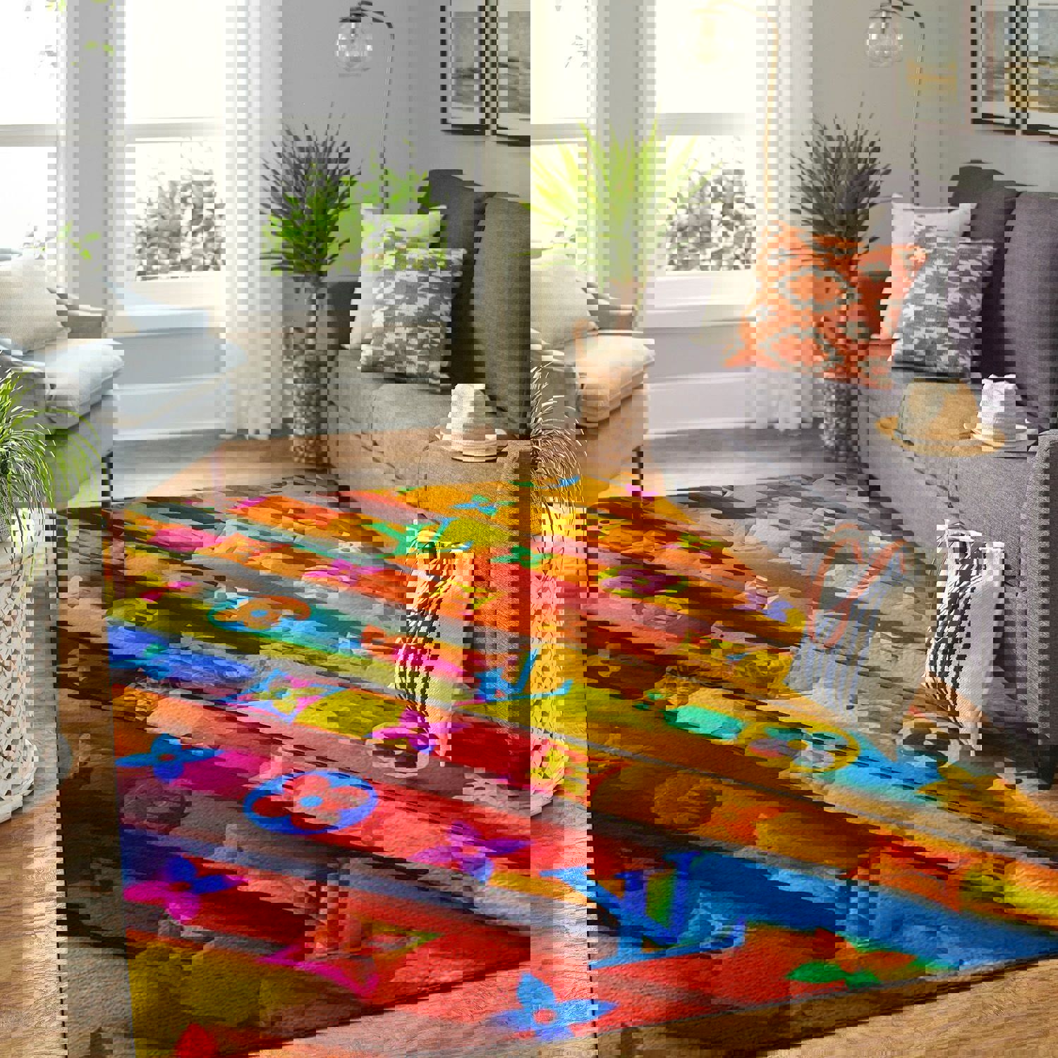 Louis vuitton colorful logo type 658. Upgrade Your Living Room with Luxury Home Decor: Area Carpets, Floor Decor, Door Mats, and Hot Gift Items with style a High-End Fashion Brand Rectangle Rug