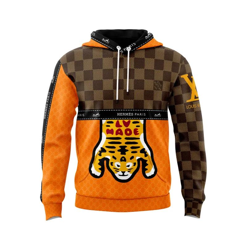 Louis vuitton hermes paris tiger orange brown unisex hoodie outfit for men women luxury brand clothing special gift Hoodie 3D