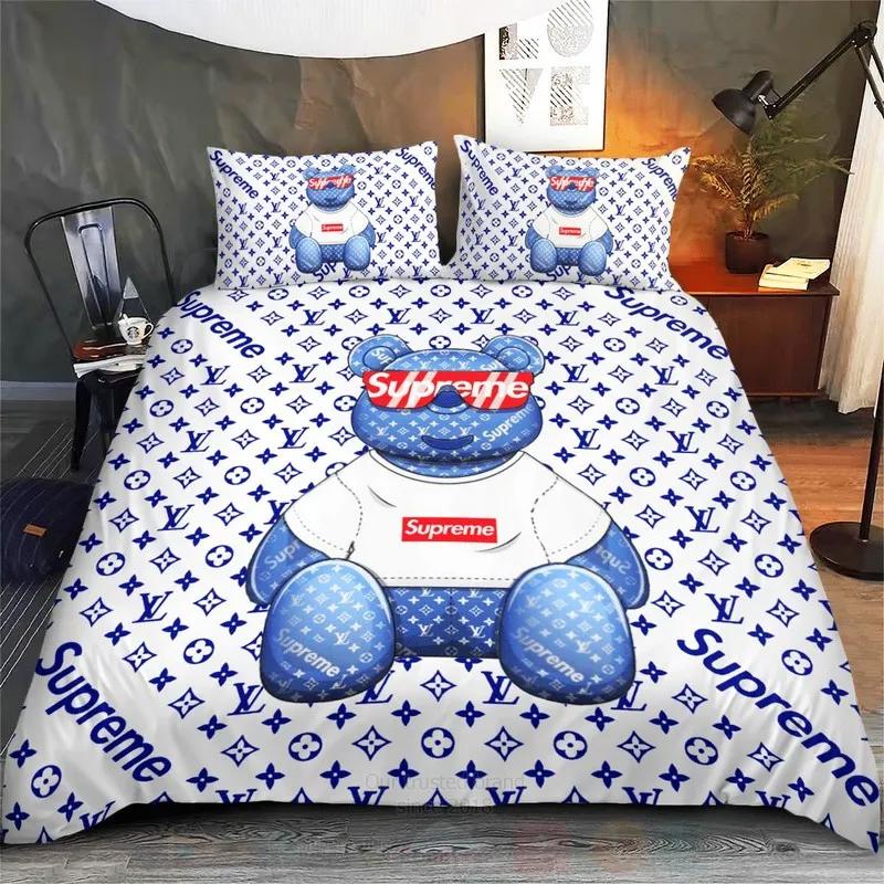 Louis vuitton lv bear supreme luxury brand bedding sets bedspread duvet cover set, bedroom decor , thanksgiving decorations for home best luxury bed sets gift thankgivings and christmas Bedding Sets