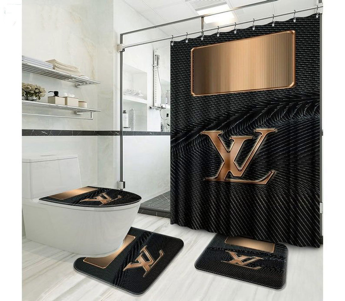 Louis vuitton lv black logo type 2074 Bathroom Accessory Sets Bath Mat Set Hypebeast Bathroom Home Decor Luxury Fashion Brand Toilet Cover Waterproof Shower Curtain Bathroom Sets Pedestal Rug