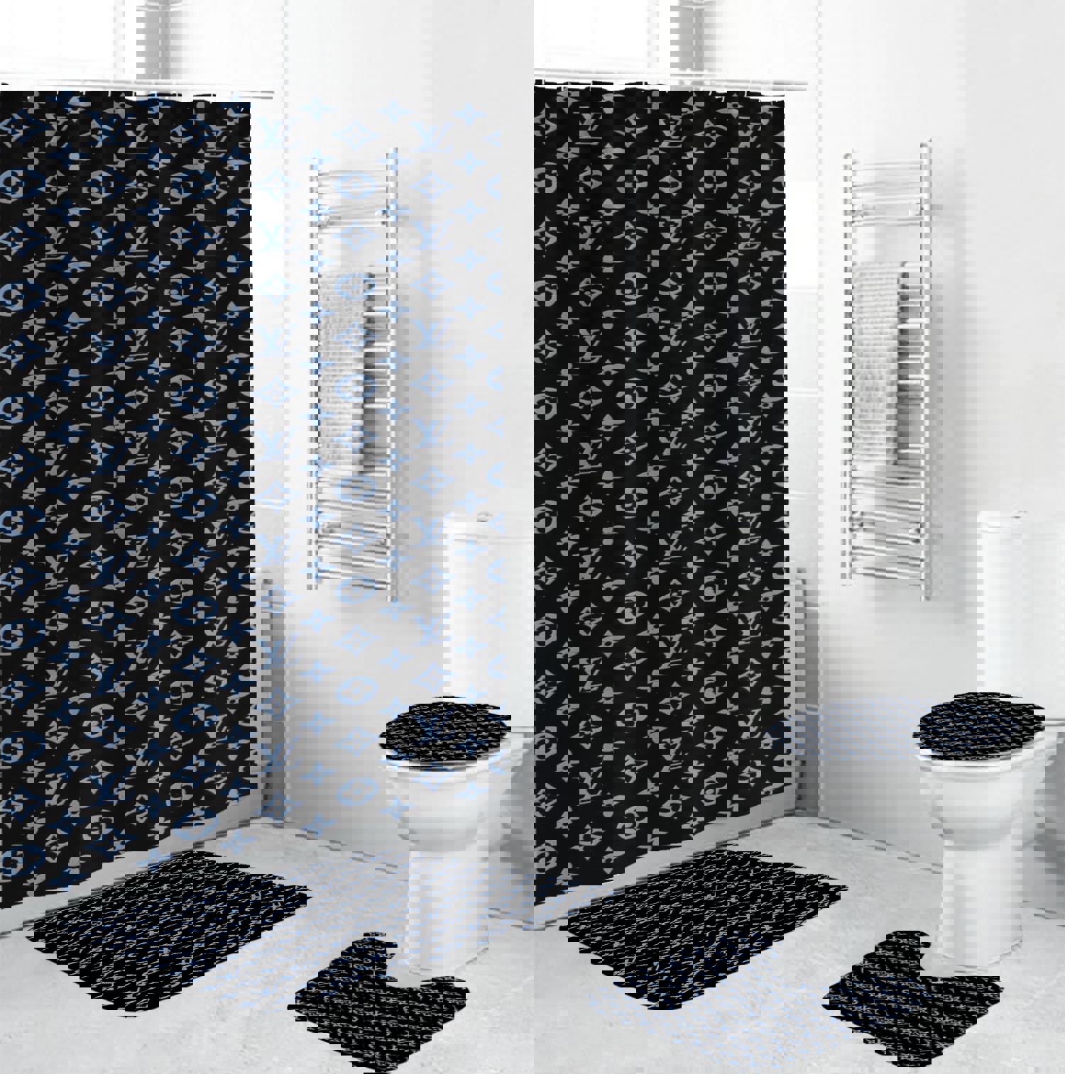 Louis vuitton lv blue logo type 1590 Bathroom Accessory Sets Hypebeast Bathroom Luxury Fashion Brand Pedestal Rug Home Decor Toilet Cover Bathroom Sets Waterproof Shower Curtain Bath Mat Set