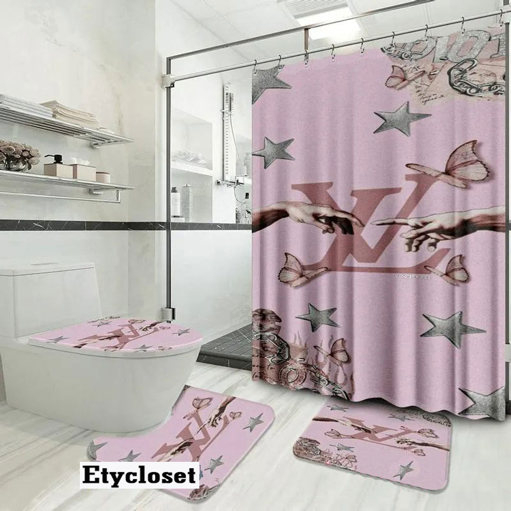 Louis vuitton lv couple hand logo type 1815 Bathroom Accessory Sets Pedestal Rug Bathroom Sets Bath Mat Set Hypebeast Bathroom Waterproof Shower Curtain Home Decor Toilet Cover Luxury Fashion Brand