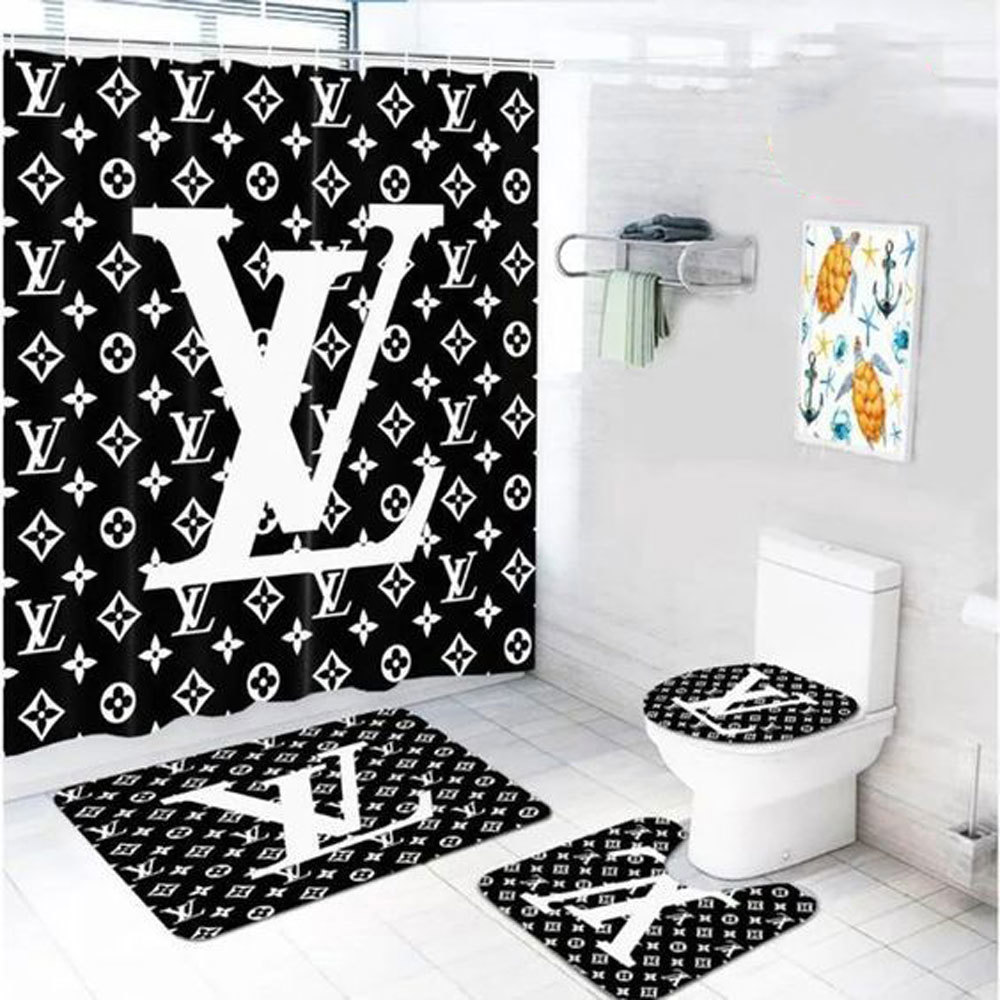 Louis vuitton lv monogram logo type 2055 Bathroom Accessory Sets Waterproof Shower Curtain Pedestal Rug Hypebeast Bathroom Toilet Cover Home Decor Luxury Fashion Brand Bathroom Sets Bath Mat Set