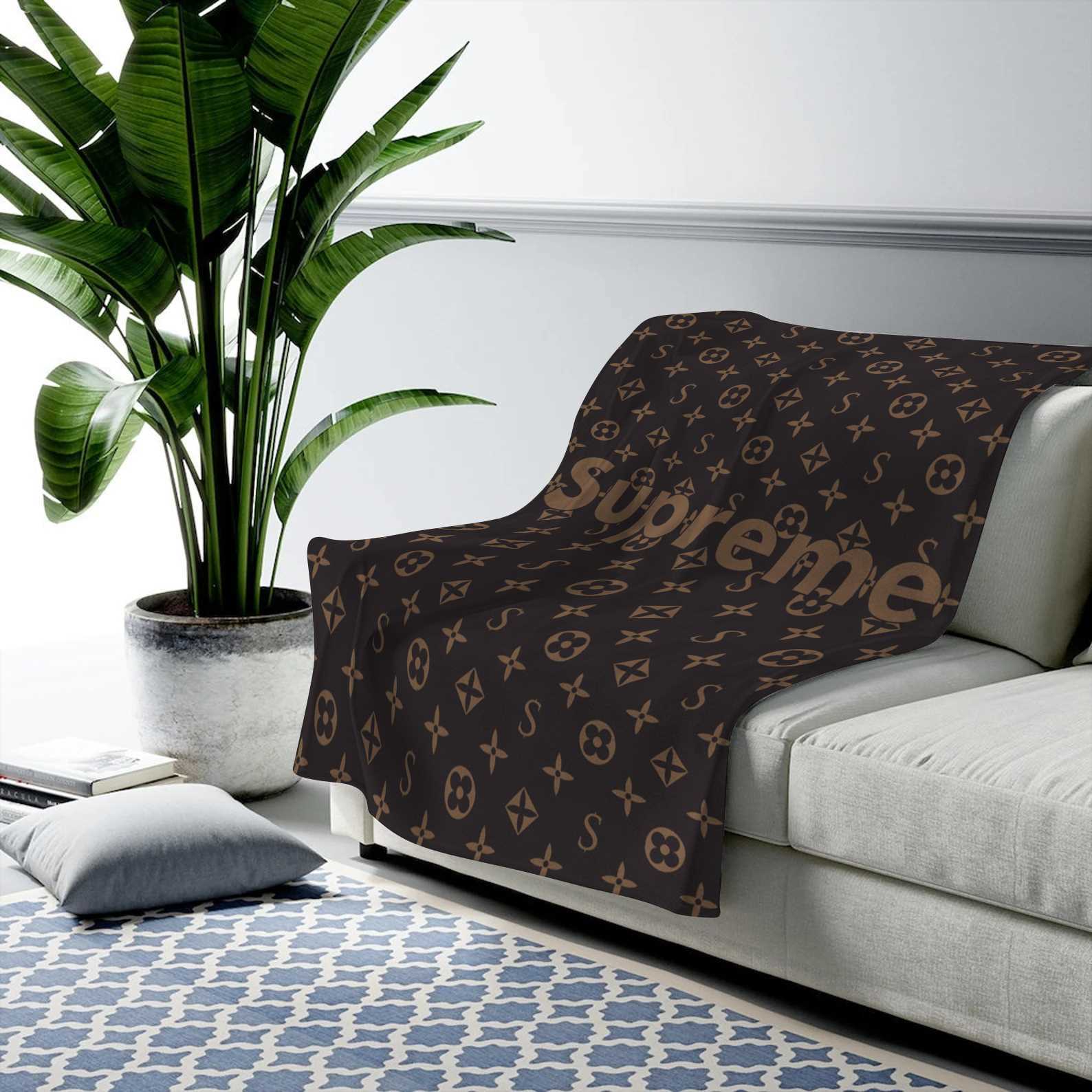 Louis vuitton supreme brown logo fashion luxury brand premium blanket fleece home decor 135 Blanket Fleece