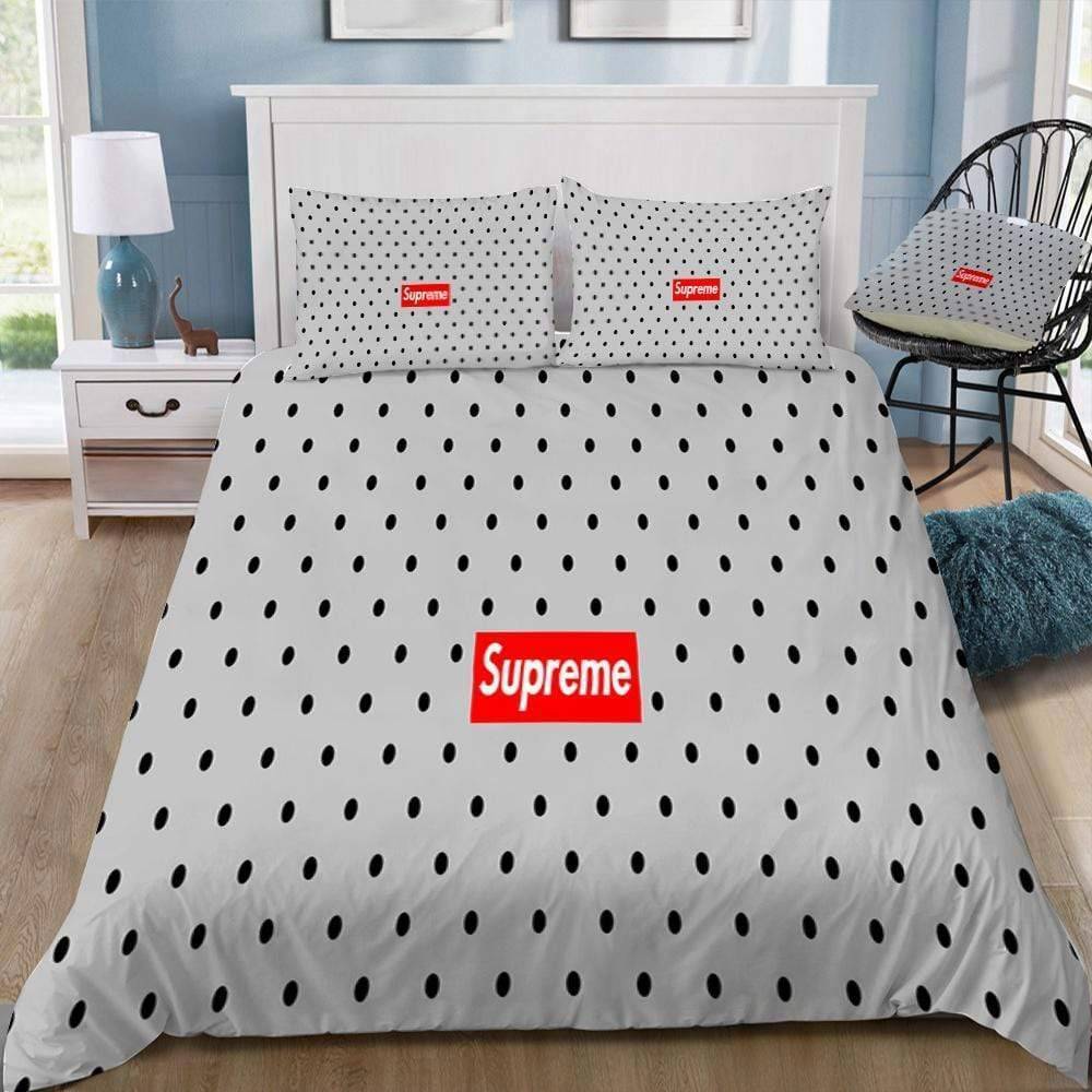 Louis vuitton supreme light grey luxury brand logo premium bedding sets,bed sets, bedroom sets, comforter sets, duvet cover, bedspread Bedding Sets
