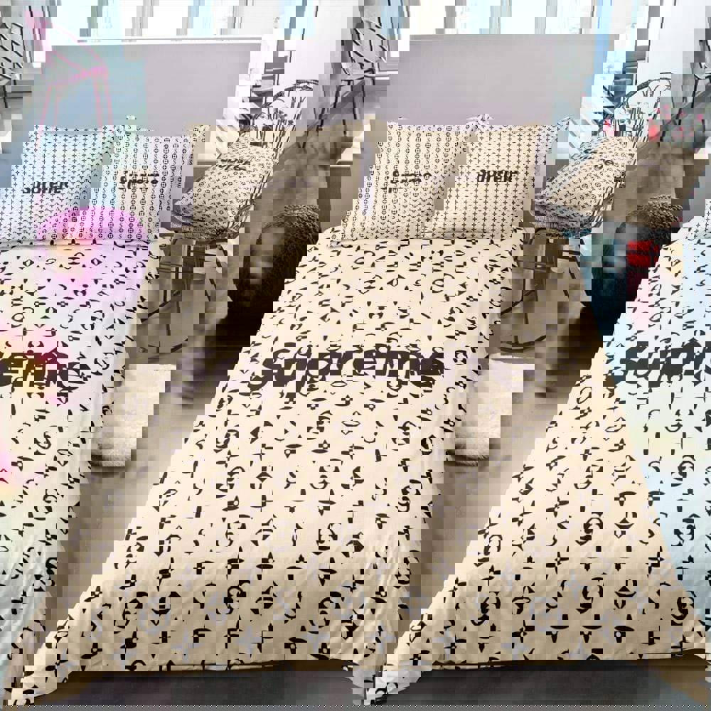 Louis vuitton supreme light yellow logo type 262 Bedding Sets covers bed linen premium fashion brand duvet bedspread bedclothes sheets hyperbeast Bedroom blankets home decor luxury ideas