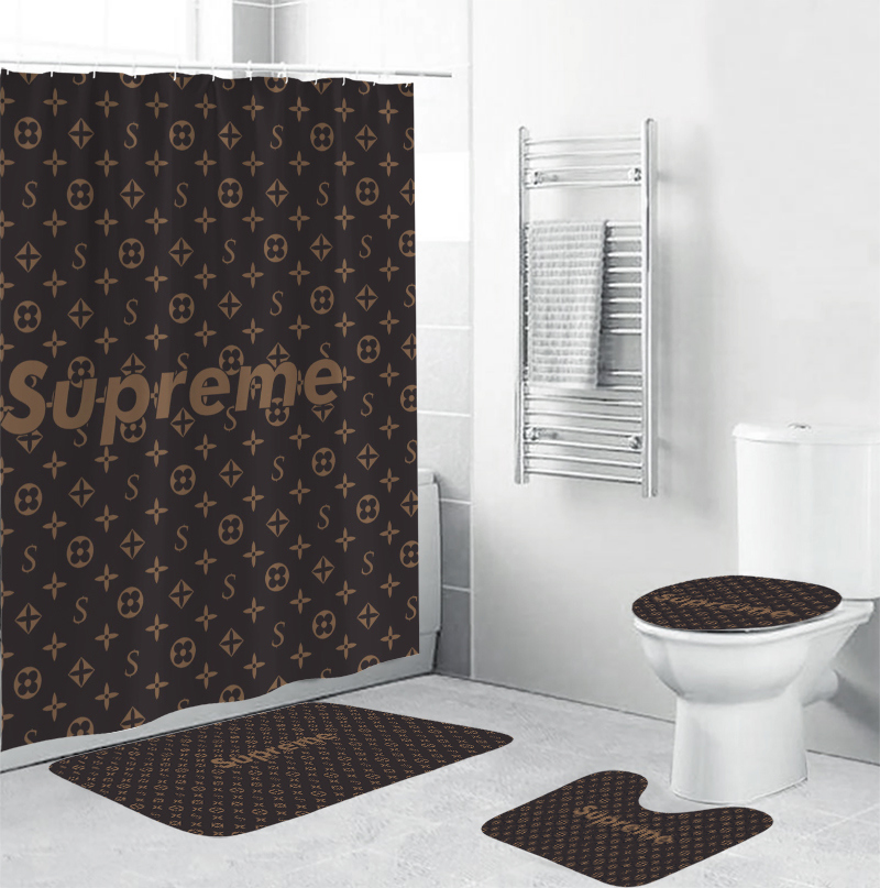 Louis vuitton supreme red logo type 1253 Bathroom Accessory Sets Bath Mat Set Luxury Fashion Brand Waterproof Shower Curtain Home Decor Bathroom Sets Toilet Cover Pedestal Rug Hypebeast Bathroom